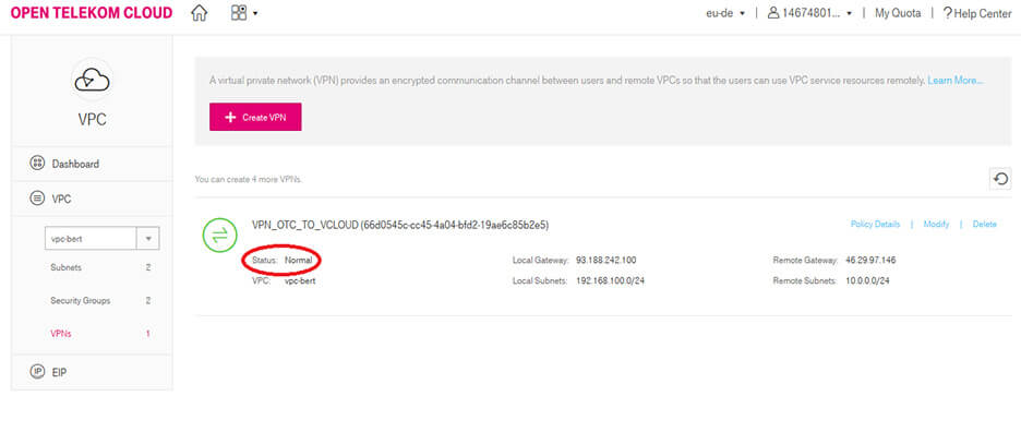 Screenshot zeigt die Open Telekom Cloud Oberfläche mit den Status Normal für ein VPN.