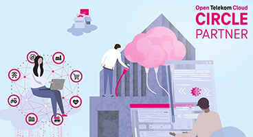 Illustration von Personen auf Wolken, die sich auf verschiedene Weisen mit der Open Telekom Cloud verbinden