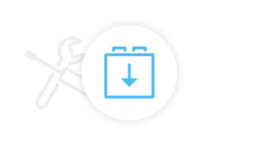 Blaues Steckersymbol auf weißem Hintergrund mit hellgrauen Werkzeug-Icon.