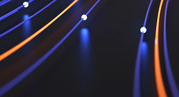 Orange and blue glowing tubes with white spheres 