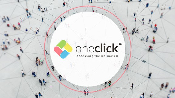 oneclick logo in front of a photo of many people on a grey place connected with digital lines.