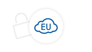 Icon Wolke mit Text EU, im Hintergrund ein Vorhängeschloss