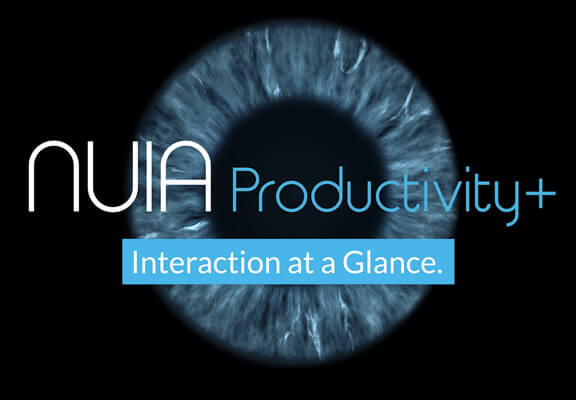 Nuia logo in front of a eye on a black background.