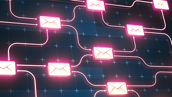 Shiny envelope icons connected with arrows on a dark blue background.