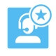 Blue icon of a person with a headset and a badge.