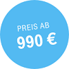 Blauer, runder Kreis mit Preis ab 990 €.
