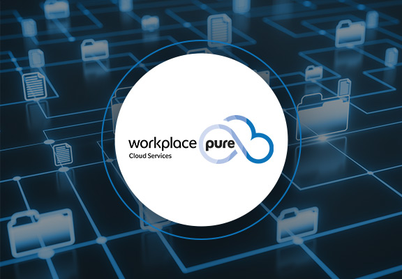 Workplace Pure Logo mit Netzwerk aus Dateisymbolen im Hintergrund