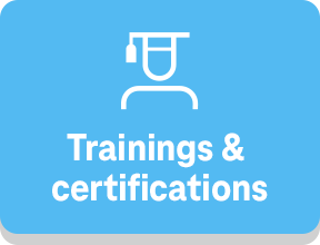 Icon of a person with doctor hat and writing "Trainings & Certifications