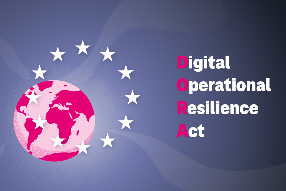 Illustrration mit Weltkugel und Sternen mit dem Schriftzug DORA - Digital Operational Resilience Act