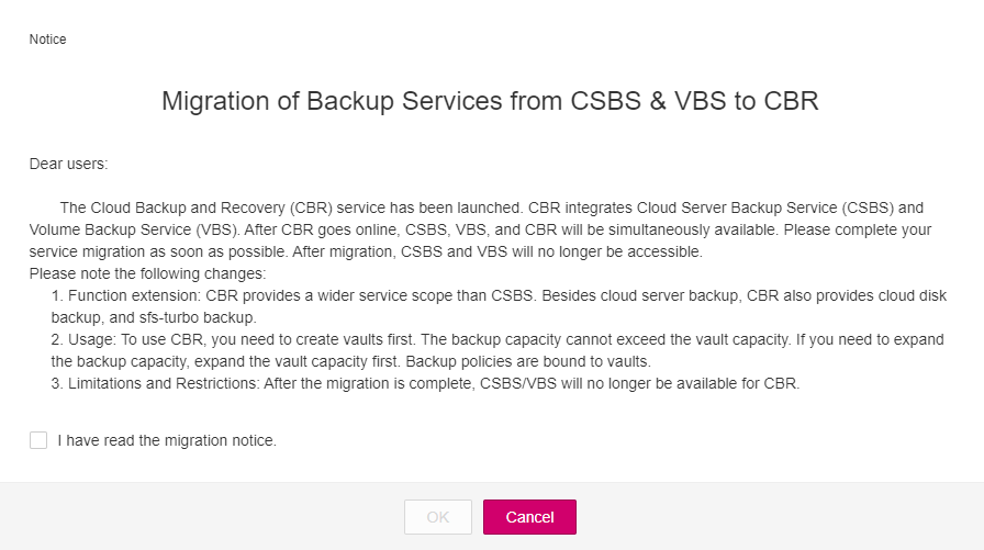 Migration of Backup Services from CSBS & VBS to CBR
