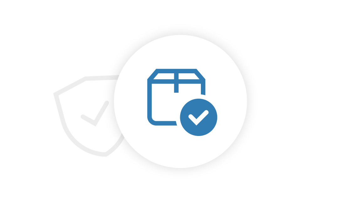 Blue package icon on white background with a shield.