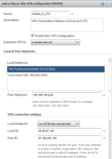 Screenshot of creating VPN on DSI vCloud.
