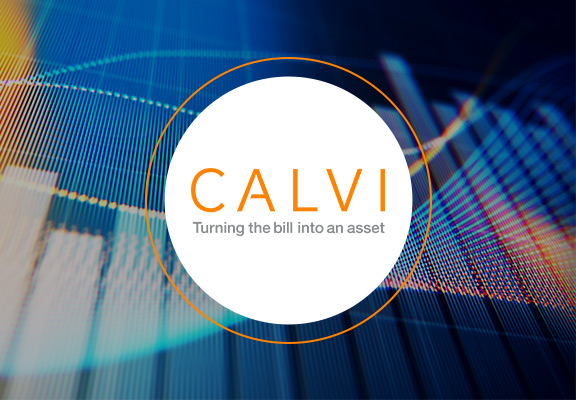 Calvi Logo with a bar chart in the background