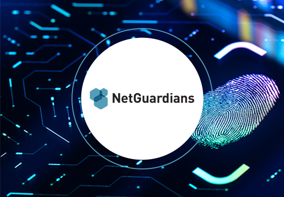 NetGuardians logo vor einem hochmodernen Fingerabdruck-Scanner