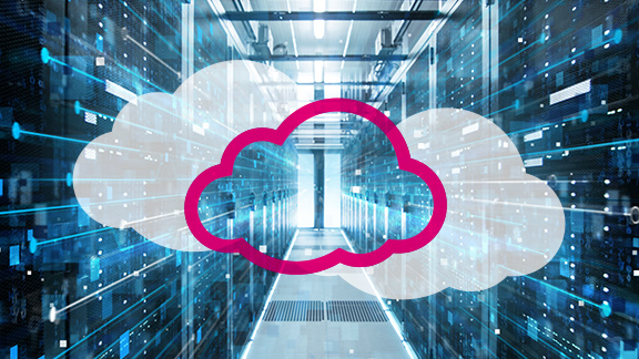 Cloud graphic on a photo of a server room.