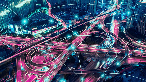 Digital motorway intersection in Magenta colours.