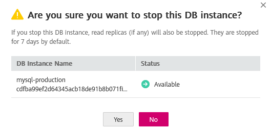 A confirmation for stopping the DB instance