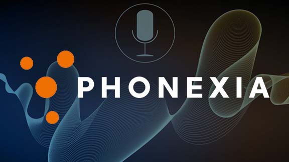 Phonexia Logo mit der Wellenform einer Stimme im Hintergrund.