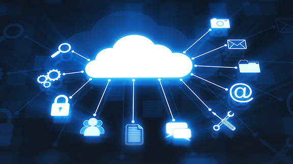 Graphic showing a cloud connected with different systems around.