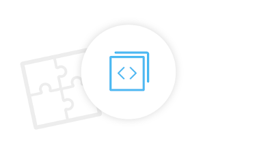 Icon of a browser window containing code and joined puzzle pieces in the background