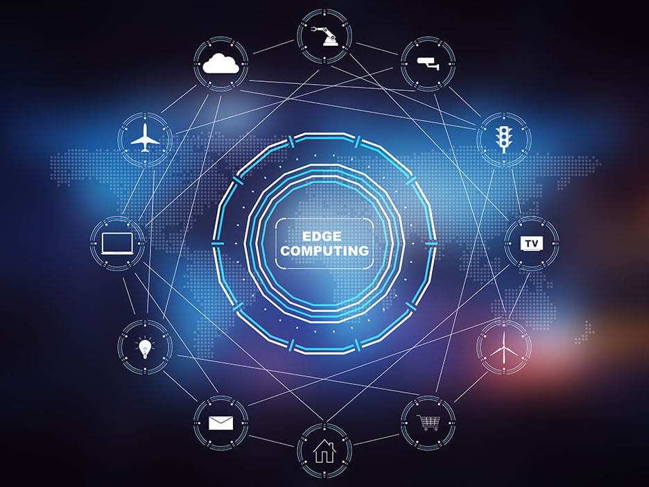 Der Schriftzug „Edge Computing“ in einem digital anmutenden Kreisgebilde