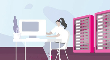 Illustration einer Person am Arbeitsplatz, mit Server Racks im Hintergrund.