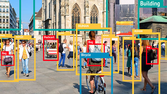 Public place with people with graphics for AI areas on this image