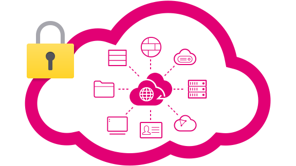 Graphic of a cloud with a lock symbol and various icons in the middle.