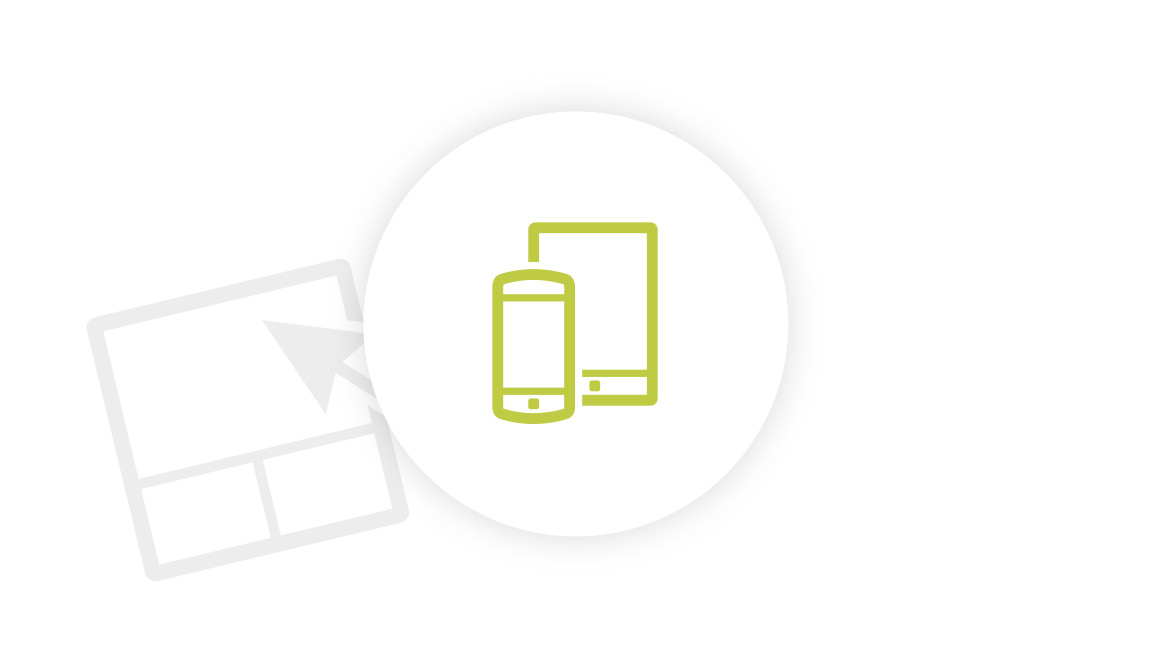 Icons of mobile devices on white background with a mouse arrow.