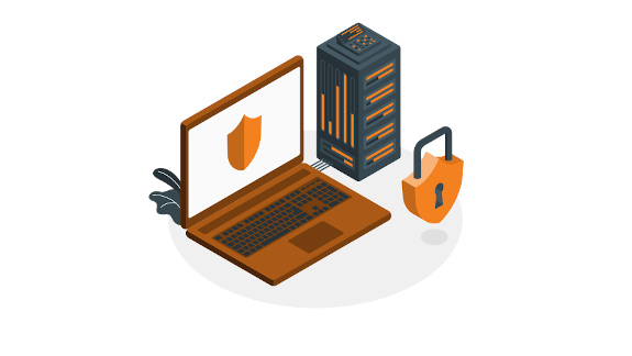 Confidential Container: Orange stilisierter Laptop mit Schutzschild Icon im Display, daneben ein stilisierter Server-Tower und Schloss