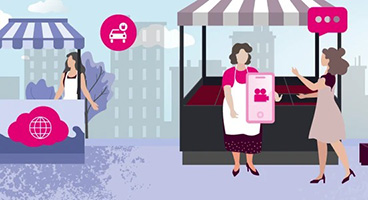 Illustration von Personen, die auf dem virtuellen Open Telekom Cloud Marktplatz stöbern.