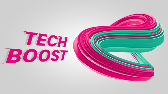 Logo und Visual des TechBoost Partnerprogramms auf grauem Hintergrund