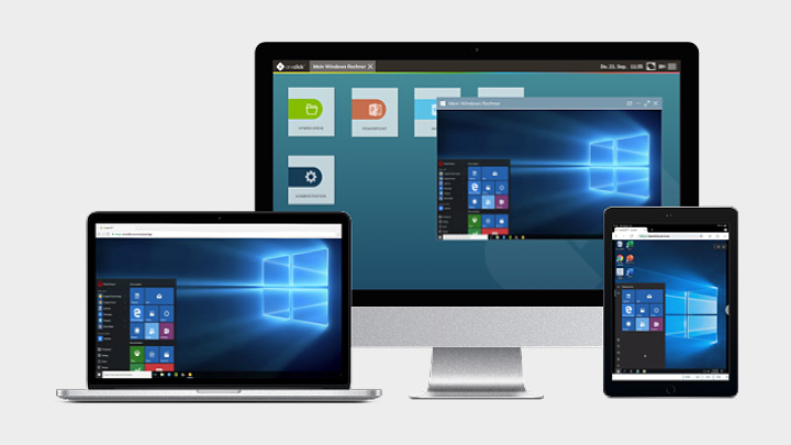 Bild mit diversen Geräten: Laptop, Mac-PC, Tablet