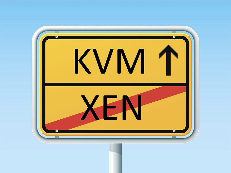 Ein Ortsausgangsschild mit einem durchgestrichenen „XEN“ und darüber einem „KVM“ mit Pfeil nach oben rechts daneben.