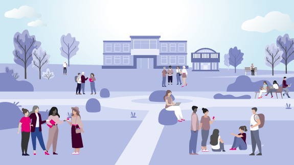 Illustration of people on a campus area
