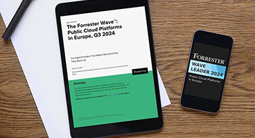 Tablet shows cover image of the new Forrester WAVE™ report, which provides orientation in the European cloud market.